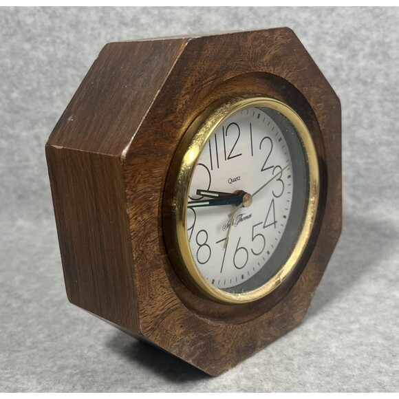 Vintage Seth Thomas Desk Clock Quartz Octagon Wood Brass Trim‎ Tabletop Battery - Picture 2 of 10